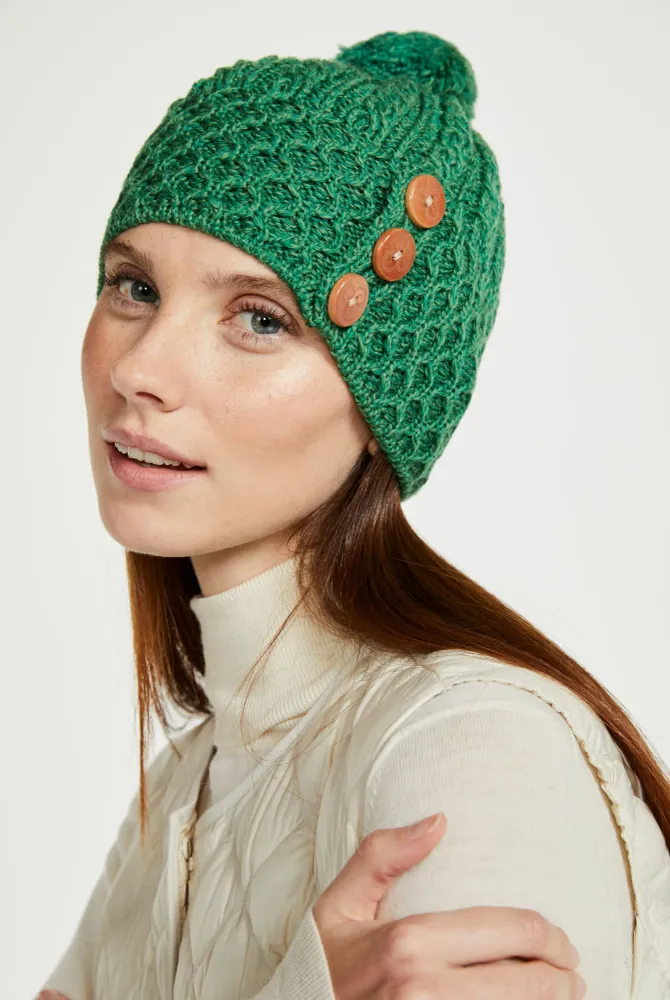 Bonnet Shrule en laine mérinos Aran avec pompon - Vert Aran Woollen Mills