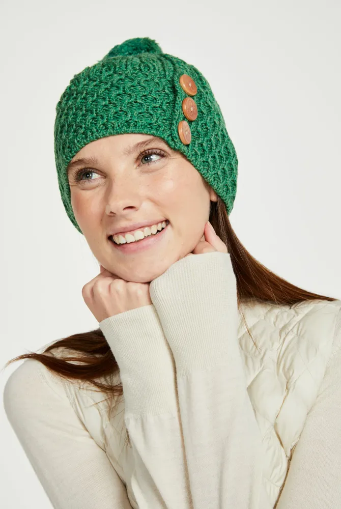 Bonnet Shrule en laine mérinos Aran avec pompon - Vert Aran Woollen Mills